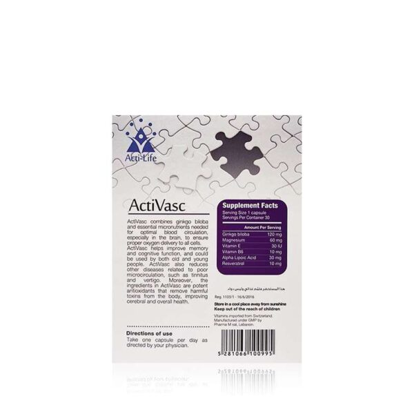 Back of activasc supplement for memory loss and vertigo
